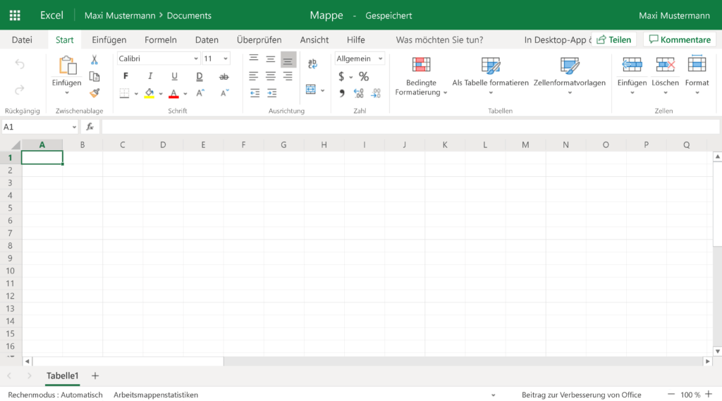 leere Arbeitsmappe in Microsoft Excel (Online)