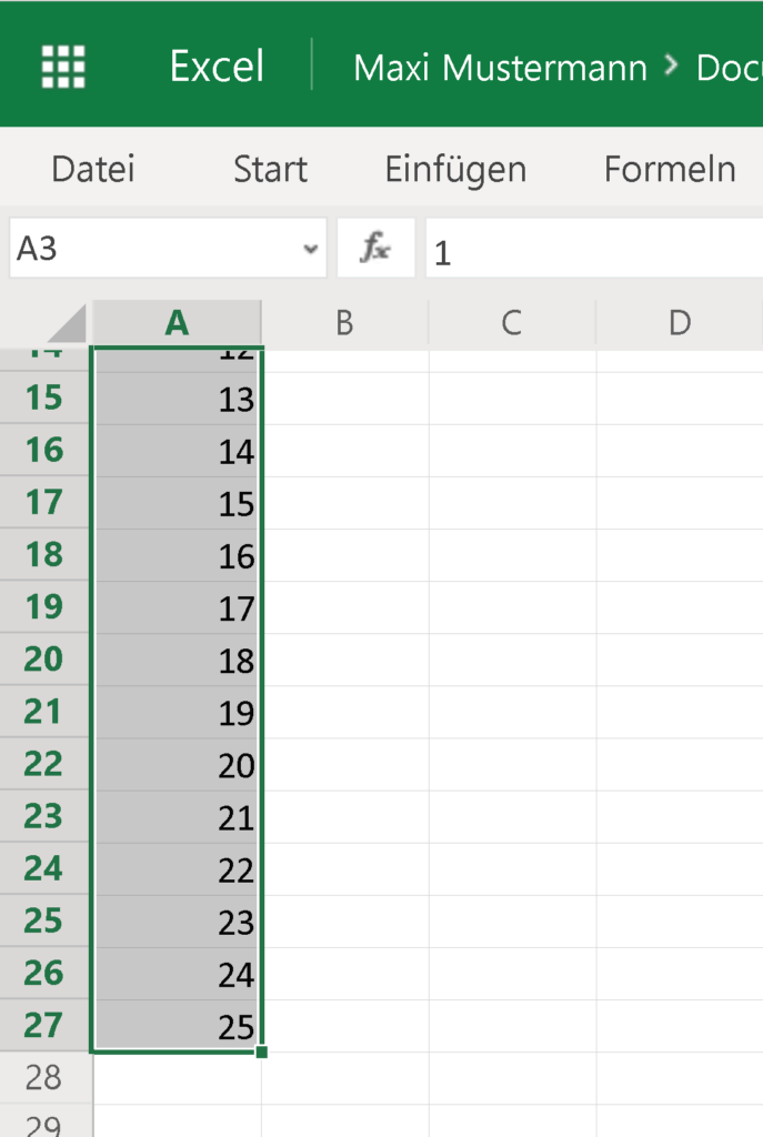 automatisch vervollständigte Zahlenreihe in Excel