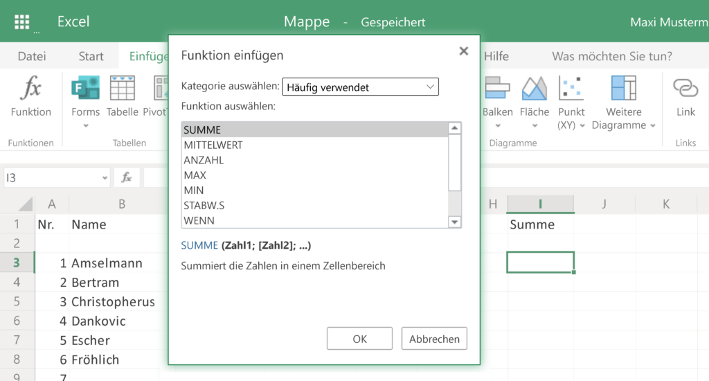 Funktion »SUMME« auswählen in Microsoft Excel
