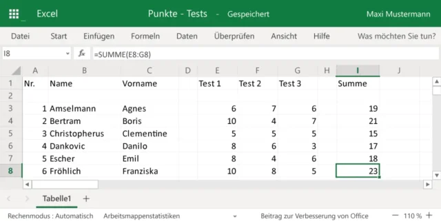 automatisch addierte Punkte in der Excel-Tabelle