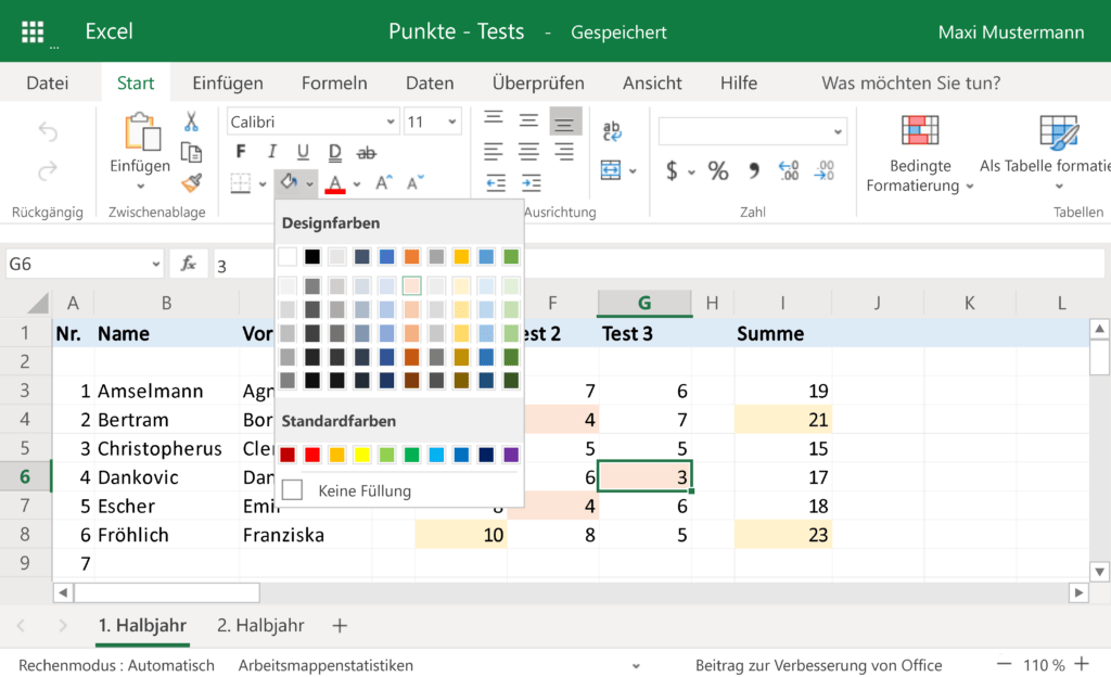 Excel-Tabelle mit Füllfarben gestalten