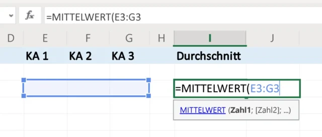 Formel für Mittelwert in Excel