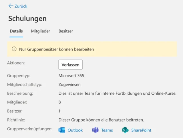 Infos zur Gruppe mit Verknüpfung zu SharePoint