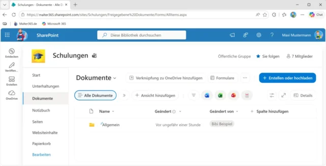 Dateiordner für Dokumente auf neuer SharePoint-Website