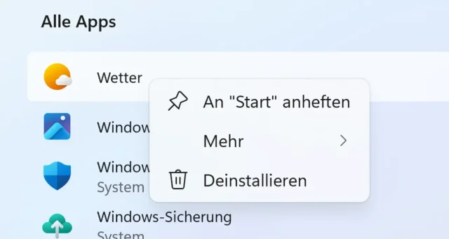 App-Symbol an „Start“ anheften