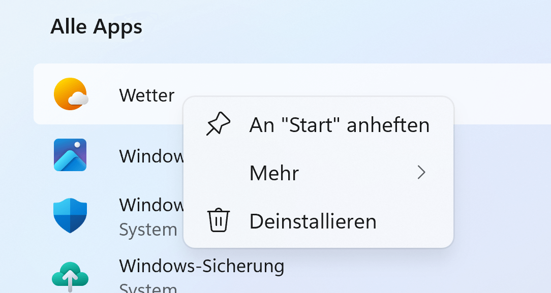 App-Symbol an „Start“ anheften