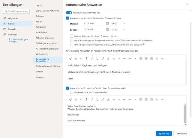 Automatische Antworten in Outlook Online