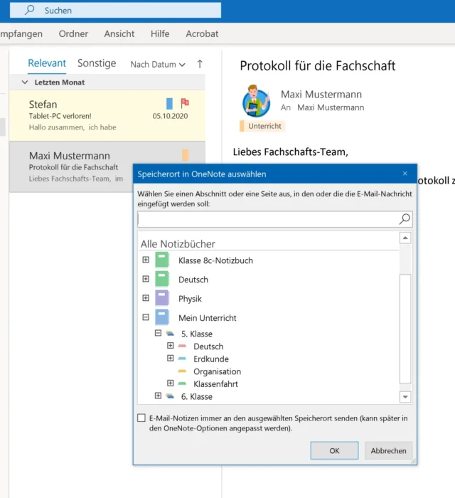 E-Mail in Outlook an OneNote senden
