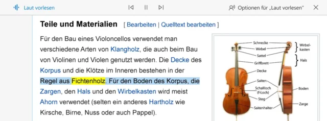 farbig unterlegte Zeile beim Vorlesen in Microsoft Edge