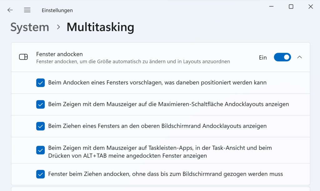 Einstellungen für Multitasking in Windows 11
