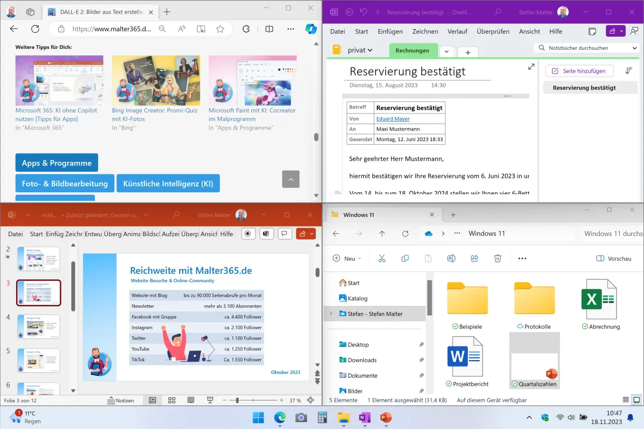 vier Fenster auf dem Desktop