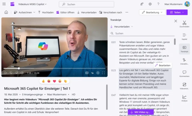 Videoplayer mit Transkript in Clipchamp