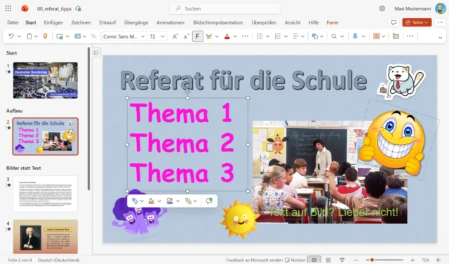 schlecht gestaltete Präsentationsfolie in PowerPoint Online