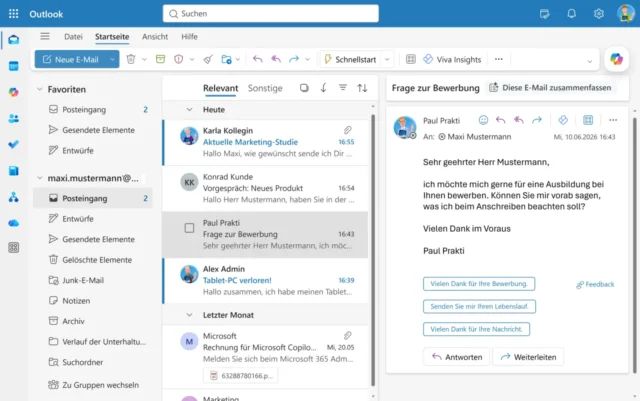 Benutzeroberfläche von Outlook Online