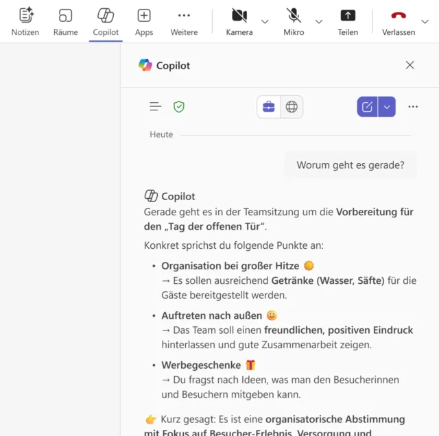 Frage an Copilot zur laufenden Online-Besprechung