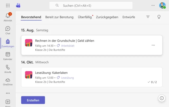 Aufgaben (Zuweisungen) in Microsoft Teams Education