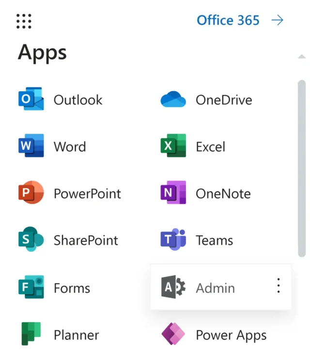 Admin Center im Menü von Microsoft 365