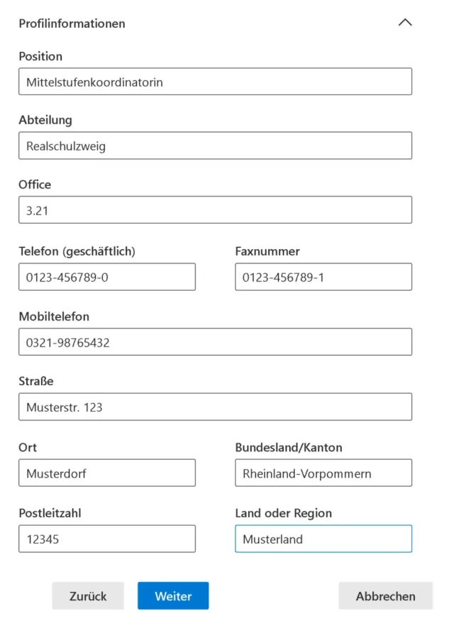 Profilinformationen für neues Benutzerkonto