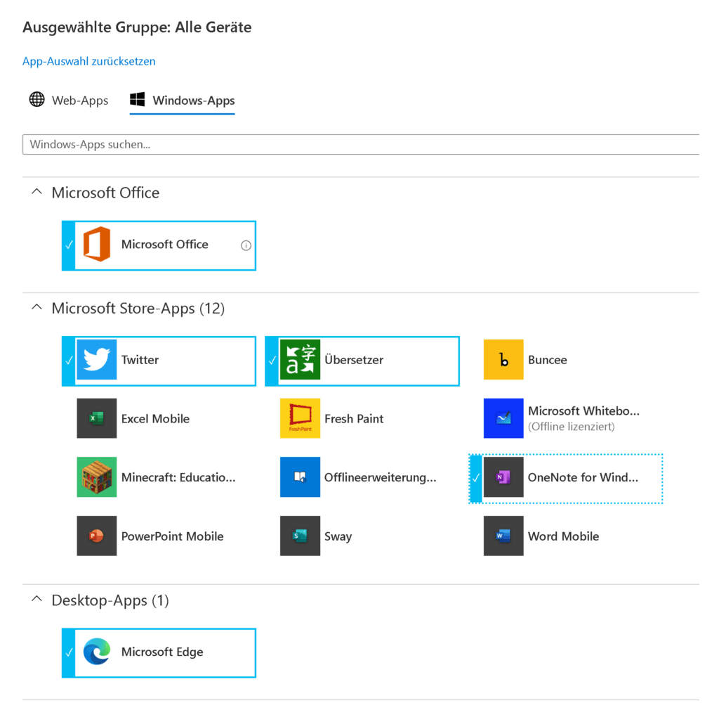 Apps in »Intune for Education« auswählen 