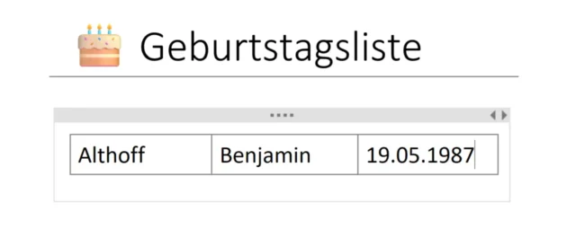 Tabelle mit einer Zeile und drei Spalten
