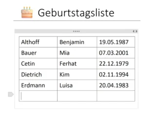 Geburtstagsliste als Tabelle mit mehreren Zeilen