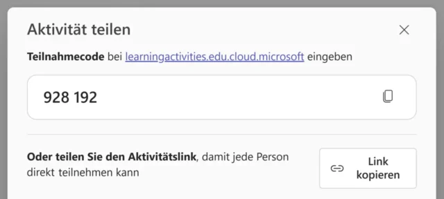 Lernaktivität teilen per Teilnahmecode und Link