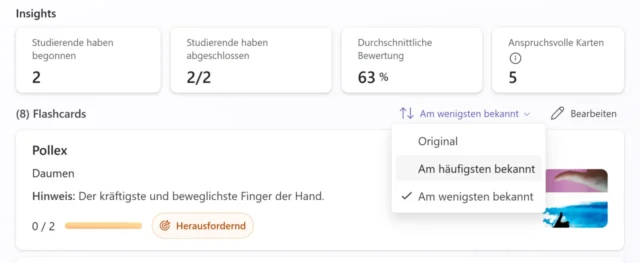 Insights mit Auswertung zur Lernaktivität