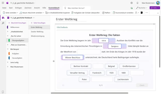 Kursnotizbuch in OneNote mit eingebetteter Lernaktivität