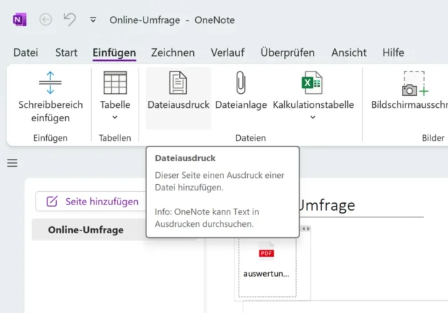 Dateiausdruck einfügen in OneNote