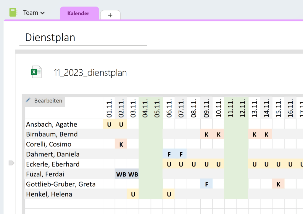 Vorschau der eingefügten Excel-Tabelle in OneNote