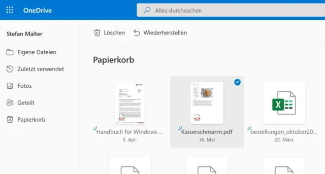 Papierkorb in OneDrive Online