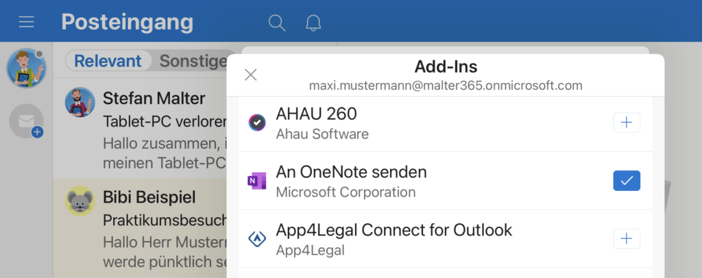 Add-In aktivieren in Outlook für iPad