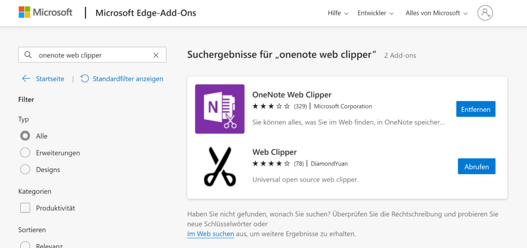 »OneNote Web Clipper« als Add-On für Microsoft Edge