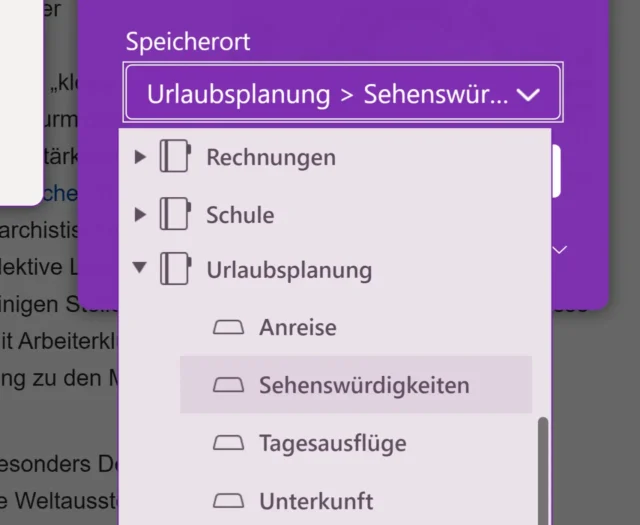 Speicherort auswählen im OneNote Web Clipper