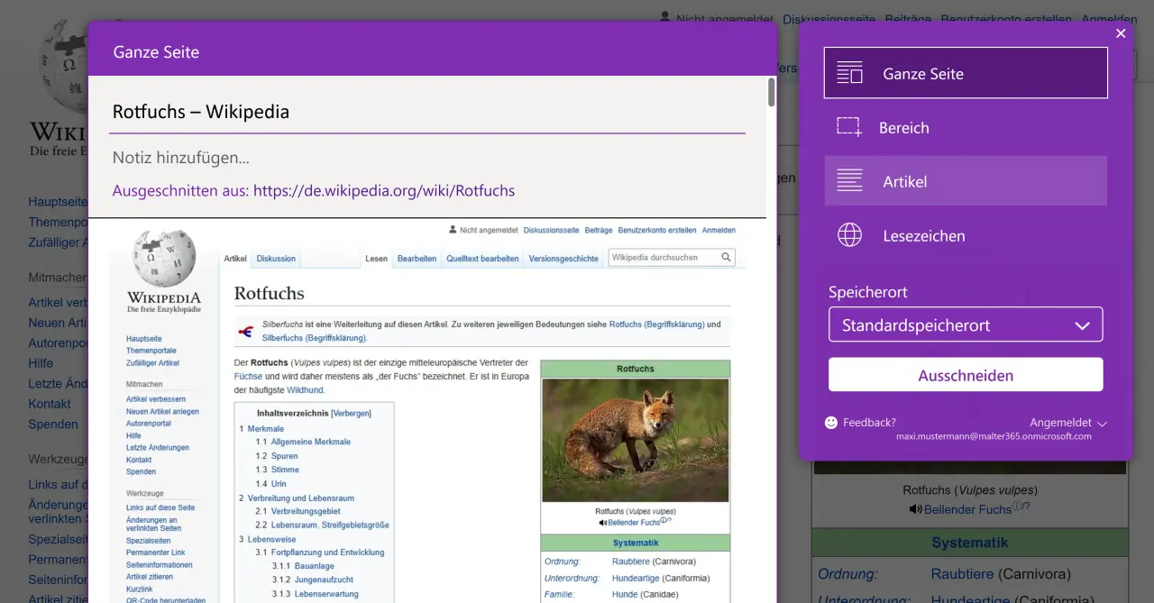 Website per OneNote Web Clipper gespeichert