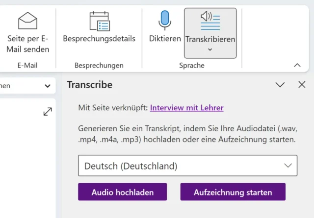 Transkribieren in OneNote aktivieren
