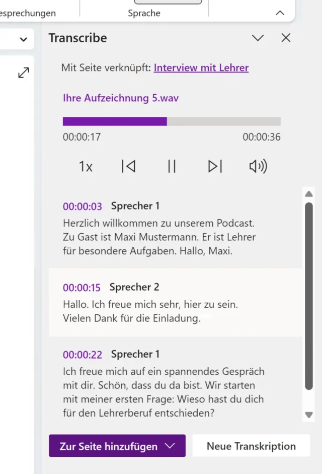 Transkript mit erkanntem Text in OneNote