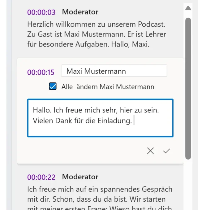 Transkript korrigieren und Namen bearbeiten