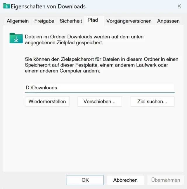 Pfad für den Standardordner Downloads