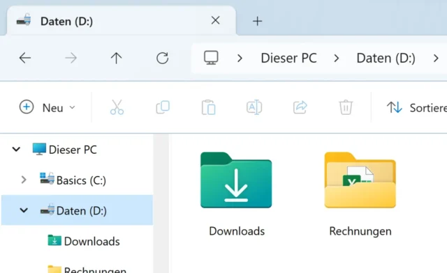 Downloads-Ordner auf einer separaten Partition (D:)