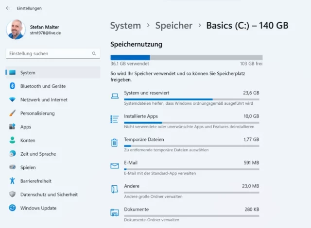 Speicher in den Einstellungen von Windows 11