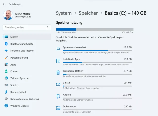 Speicher in den Einstellungen von Windows 11