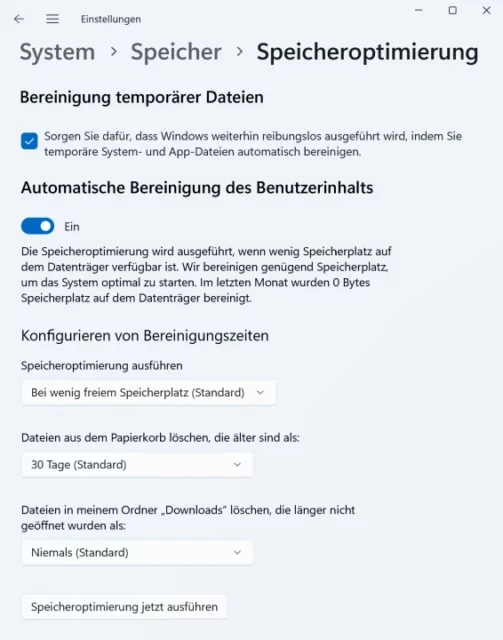 Automatische Speicheroptimierung in Windows 11