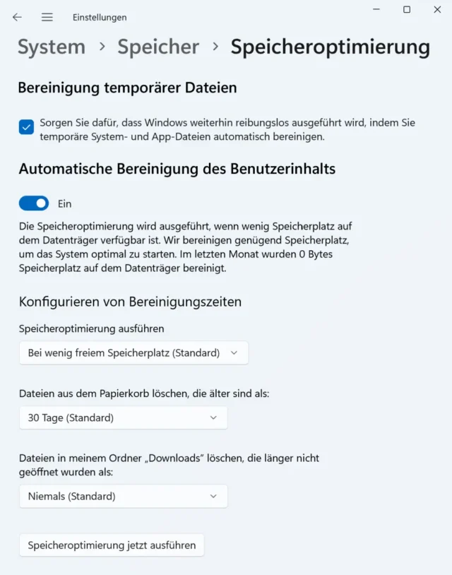 Automatische Speicheroptimierung in Windows 11