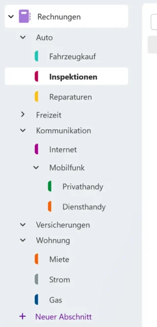 Abschnittsgruppen im Notizbuch