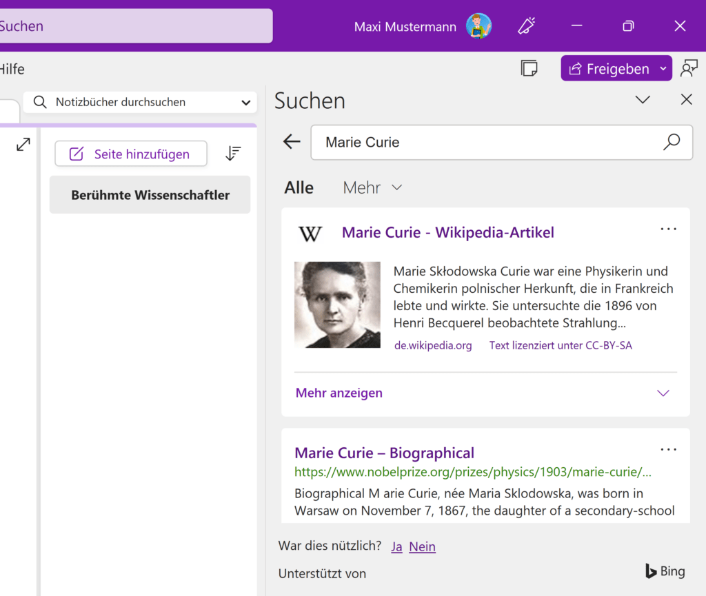 Suchergebnisse von Bing in OneNote