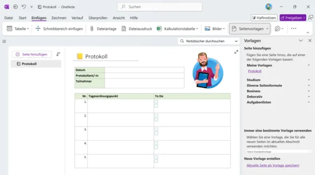gespeicherte Vorlage in OneNote