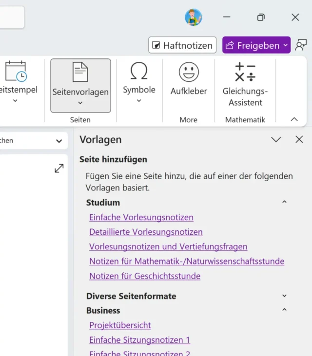 Auswahl vorhandener Seitenvorlagen in OneNote