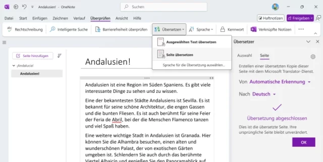 übersetzte Unterseite in OneNote