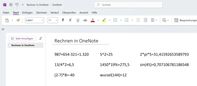 Rechenaufgaben in OneNote